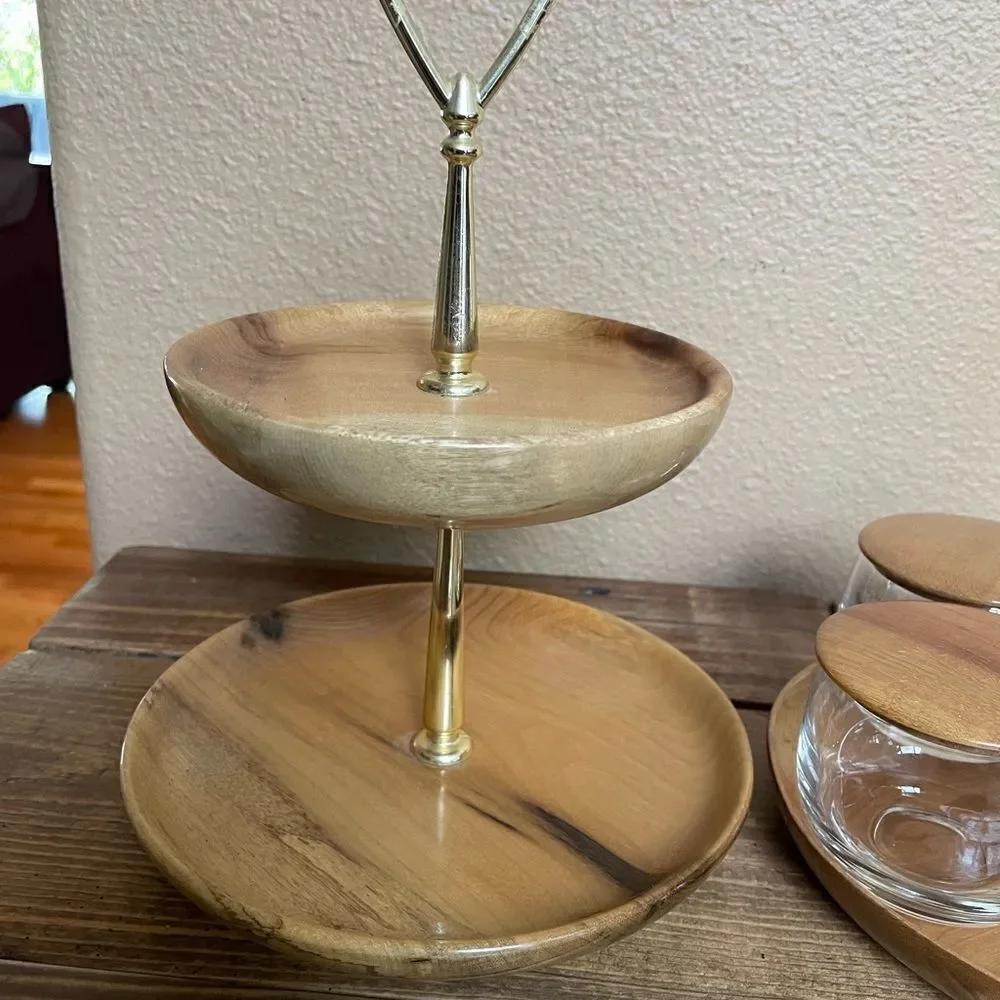 MCM Myrtlewood Vintage Condiment Set with Two Tiered Myrtlewood Snack Service